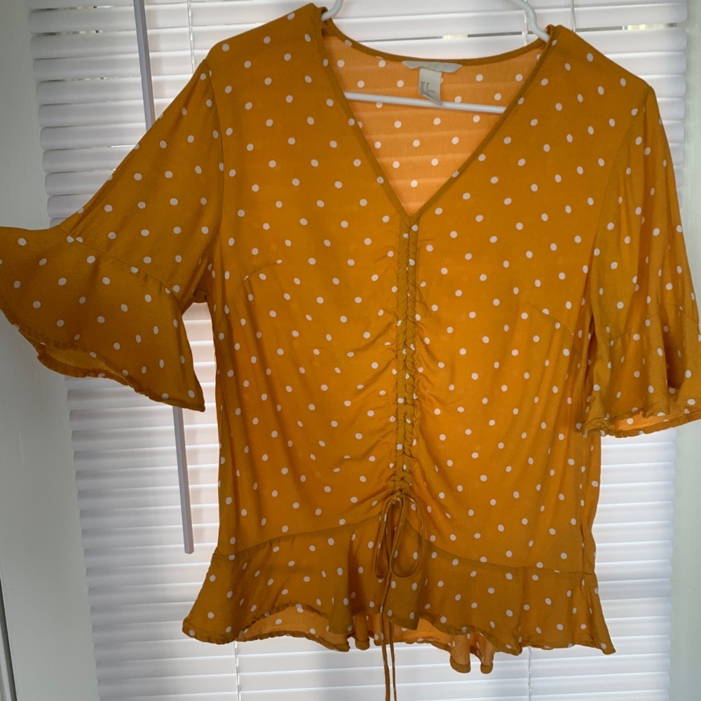 Yellow Polka Dot Ruffle Blouse Tie Front
